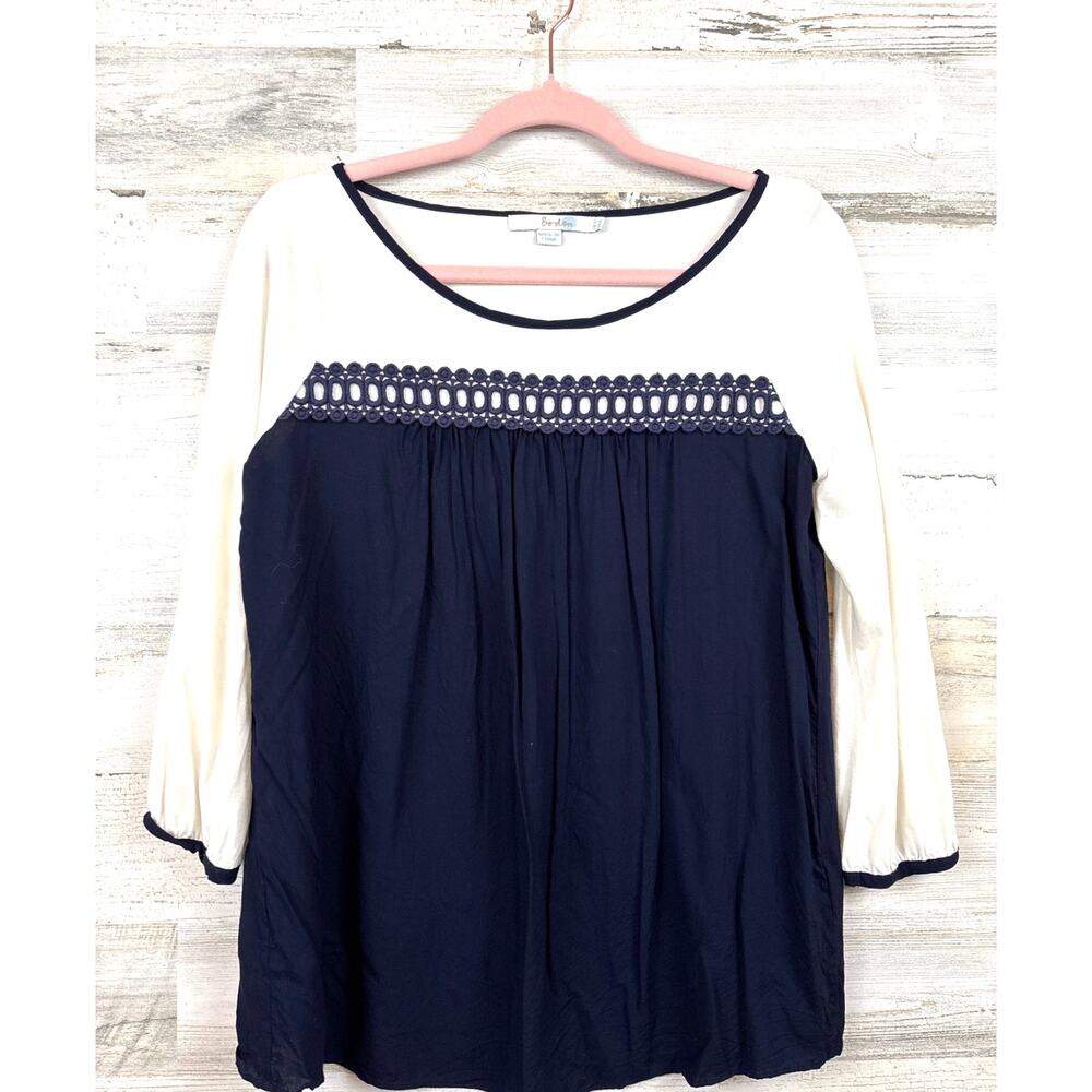 Boden Colorblock Lace Appliqué Jersey Top Womens 6 Navy Cream Cottagecore